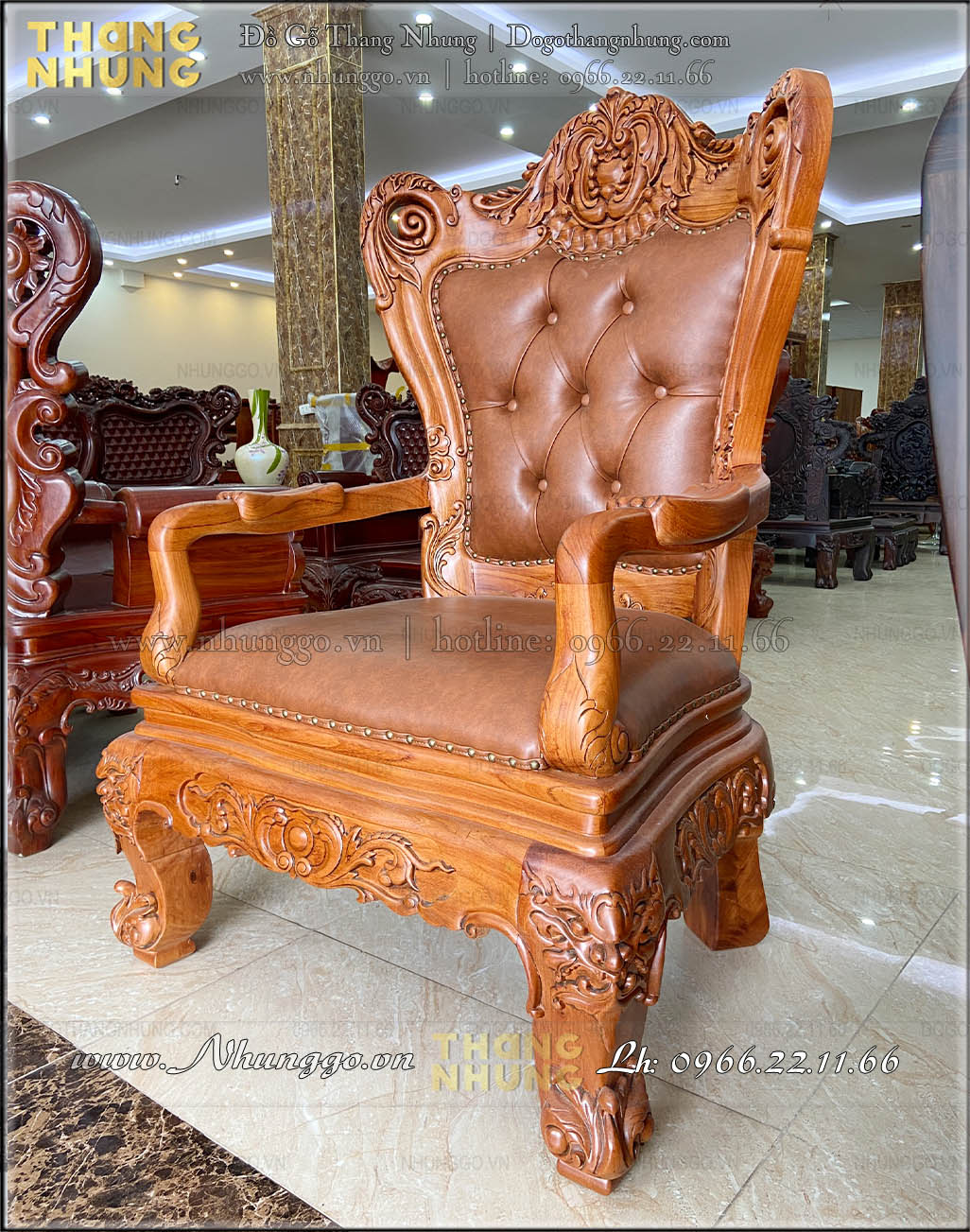 Ghế làm việc thủ tướng gỗ tự nhiên được thiết kế chân tĩnh 3D đục họa tiết trang trí tân cổ điển sắc nét bởi người thợ bậc cao của làng nghề gỗ Đồng Kỵ Bắc Ninh
