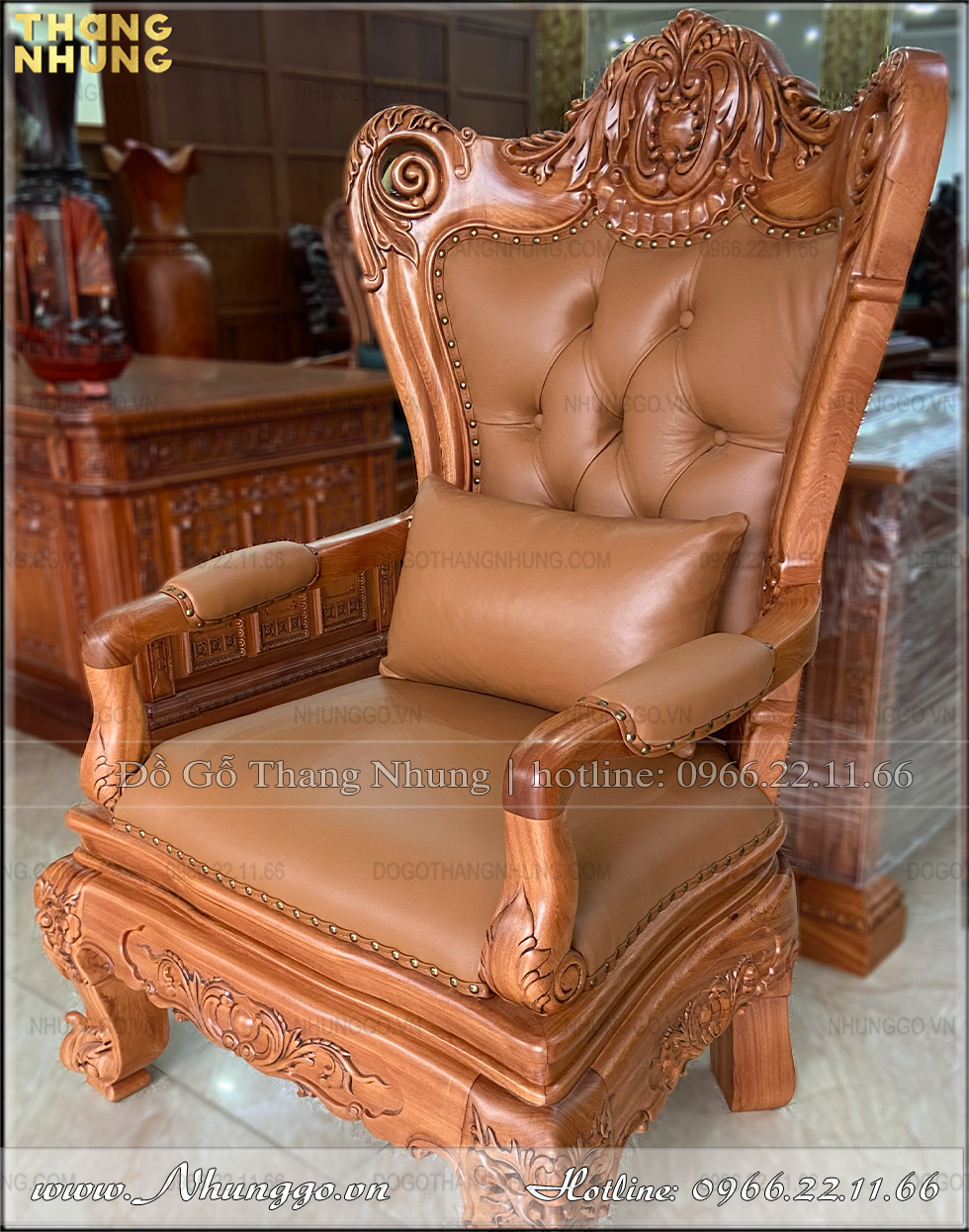Xưởng sản xuất ghế chủ tịch bọc da nâu gỗ gõ đỏ phù hợp với bàn làm việc loại to có kích thước dài 217cm trở lên