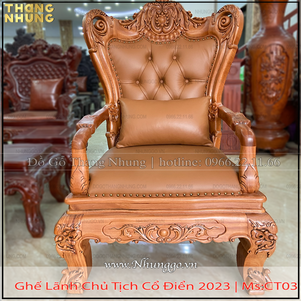 Xưởng sản xuất ghế lãnh đạo bọc da nâu gỗ gõ đỏ có kích thước Sz to là: Rộng 92 x Sâu 86x Cao 137cm