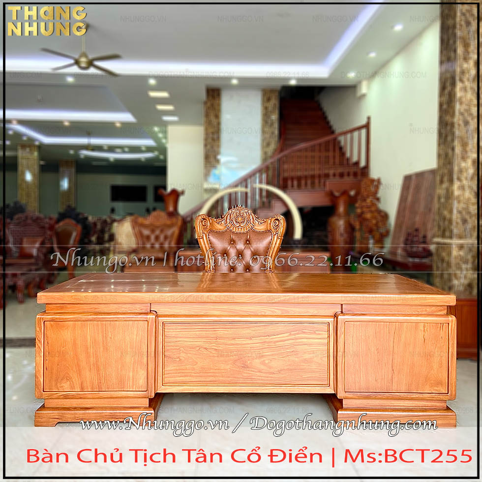 Bàn chủ tịch mẫu tân cổ điển gỗ gõ đỏ BCT-S225 có kích thước loại to phù hợp với phòng GĐ rộng trên 30m2