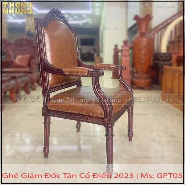 Ghế giám đốc mẫu tân cổ điển gỗ gõ đỏ GGĐ-PT05 được làm theo phong các tân cổ điển vừa đơn giản nhẹ nhàng mà sang trọng