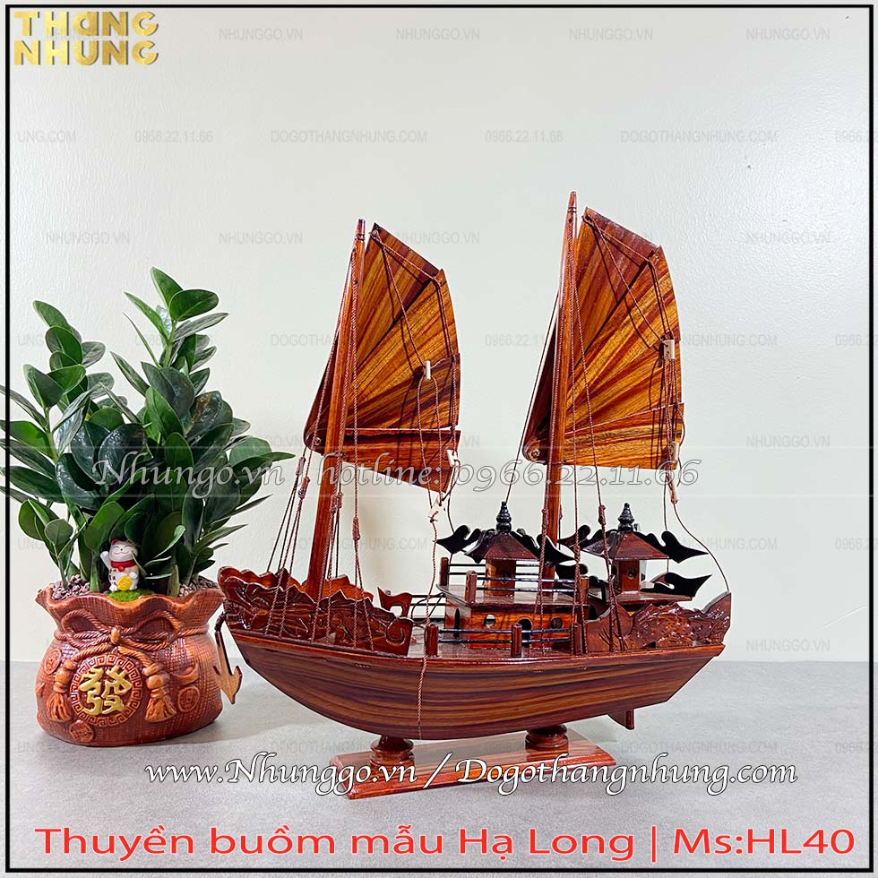 Mô hình thuyền buồm để bàn làm việc gỗ tự nhiên giá rẻ được thiết kế theo mẫu thuyền rồng Hạ Long kích thước nhỏ phù hợp để bàn làm việc