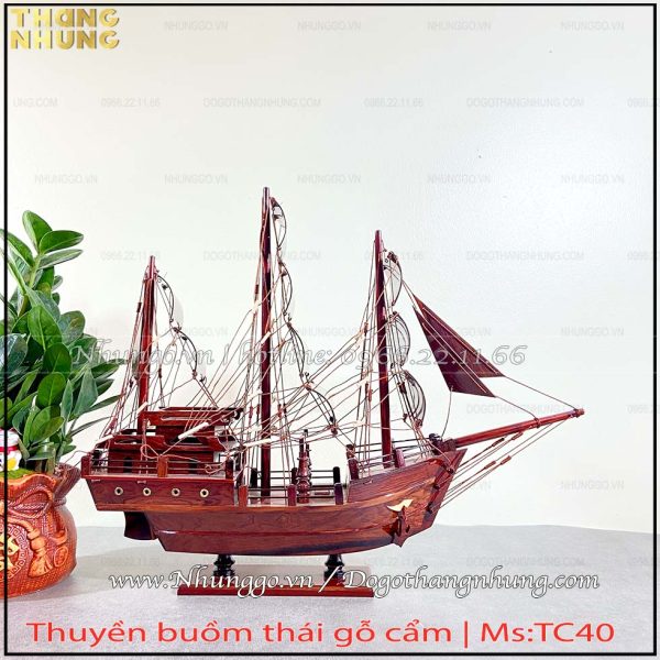 Mô hình thuyền buồm phong thuỷ gỗ tự nhiên có kích thước Dài 40cm(pb53)*Cao 43cm*Rộng 12cm