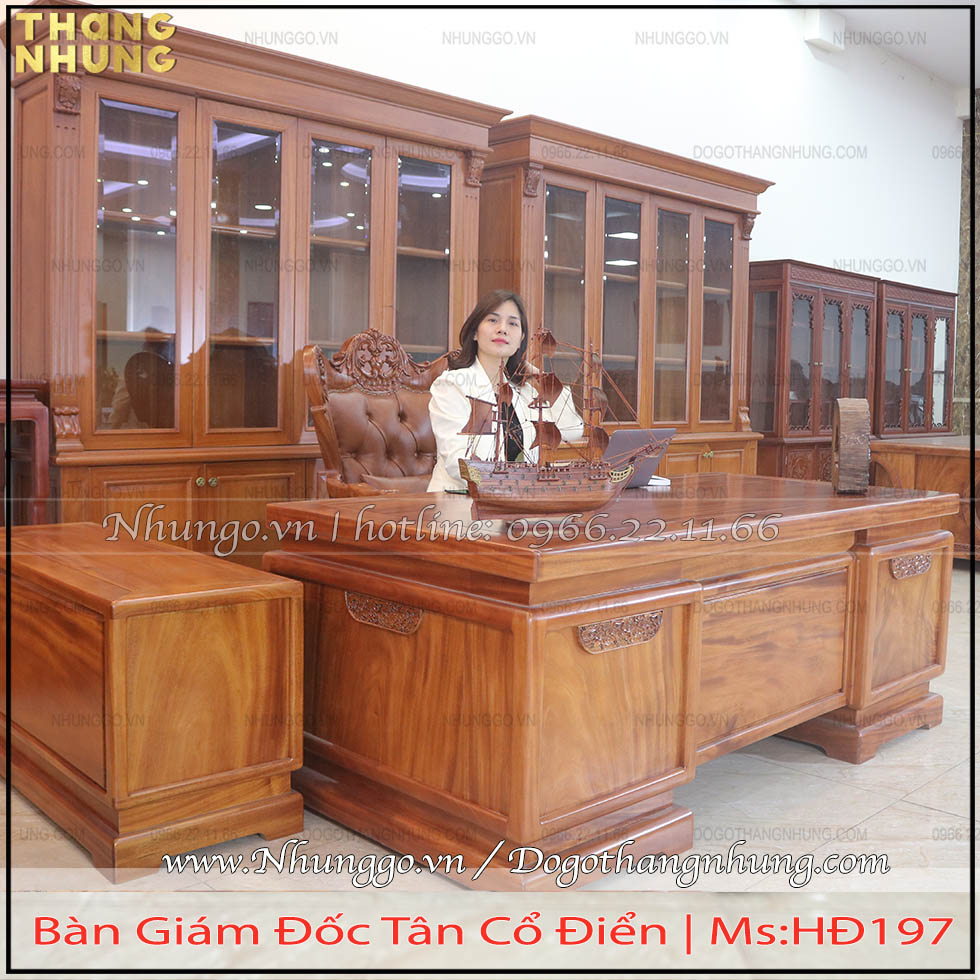 bàn giám đốc cao cấp gỗ gõ đỏ với phong cách hiện đại nên phù hợp với nội thất phong cách tân cổ điển