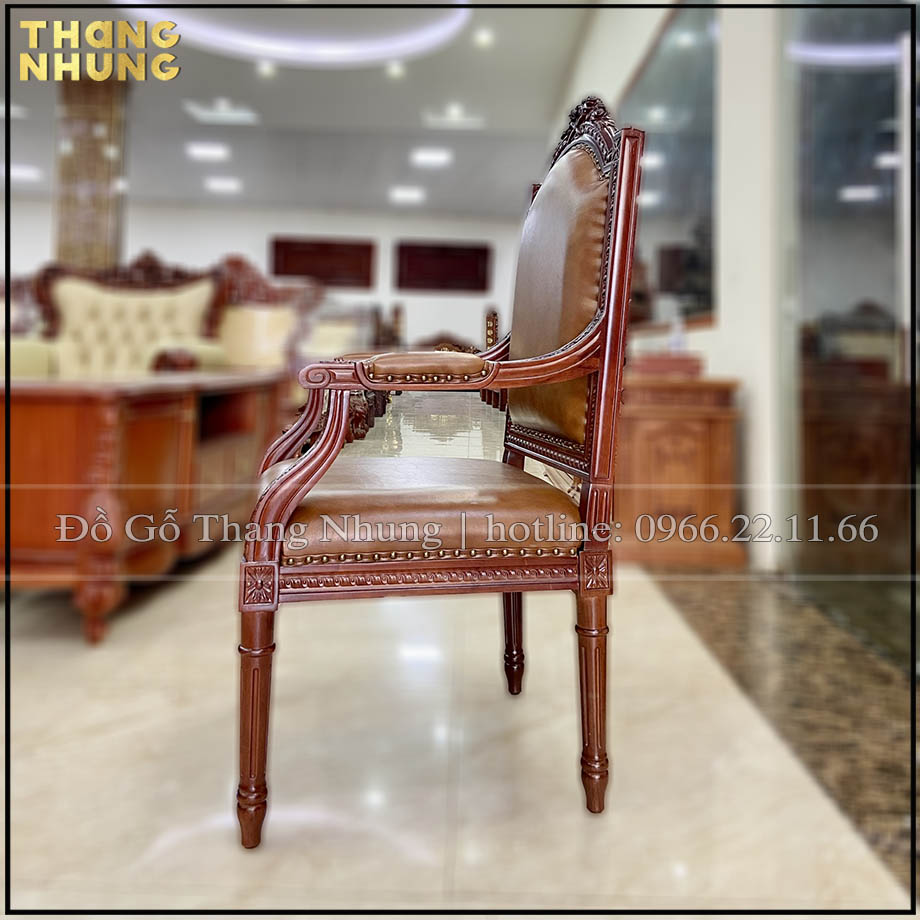 Ghế làm việc mẫu Putin gỗ gõ đỏ kích thước ghế là Rộng 63 X Sâu 60x Cao 128cm phù hợp với bàn có kích thước dài 217cm trở xuống