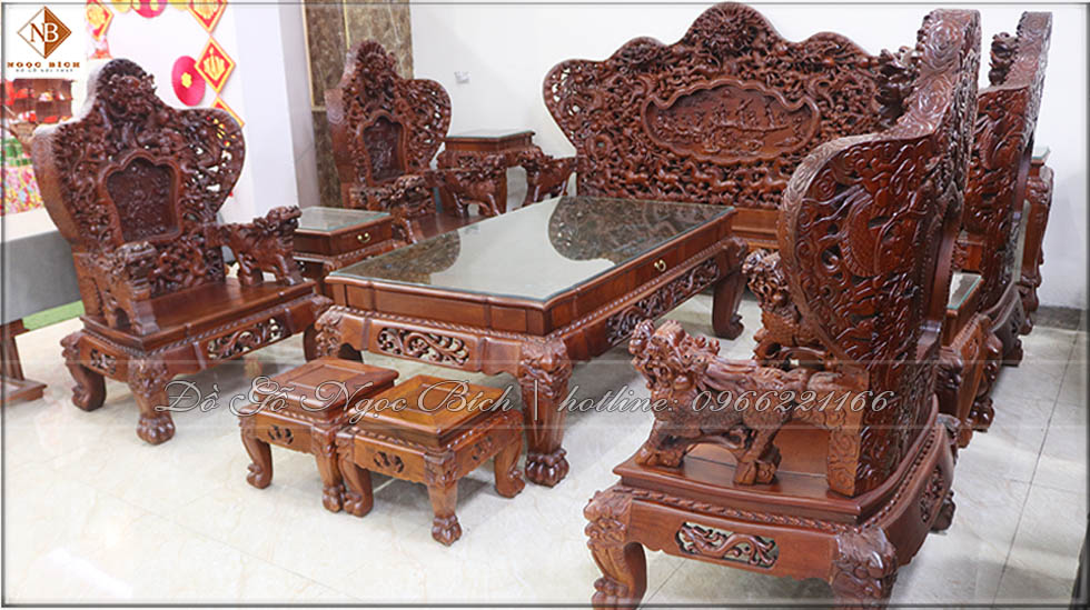 Bộ ghế bát mã 12 món gỗ hương có -Bàn đục theo tích Tứ Linh ( Long – Ly – Quy – Phụng ) 